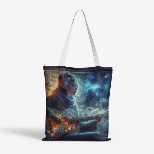 Natural Canvas Tote Bag with Hippie Girl and Guitar Design