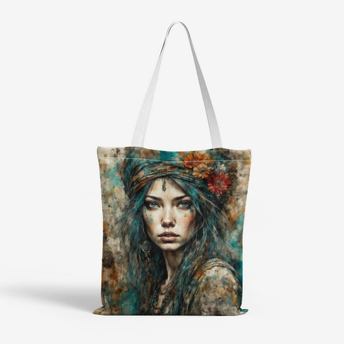 Natural Canvas Tote Bag with Hippie Girl Pattern