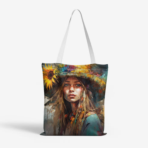 Natural Canvas Tote Bag with Printed Hippie Girl Design
