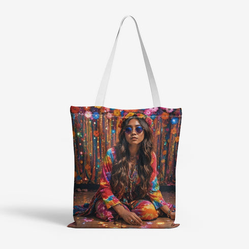 Natural Canvas Tote Bag with Colorful Hippie Girl Pattern