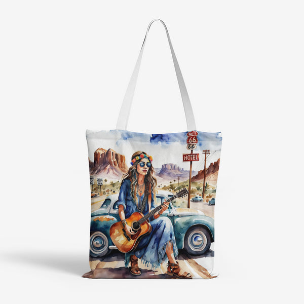 Natural Canvas Tote Bag with Hippie Girl and Guitar Pattern