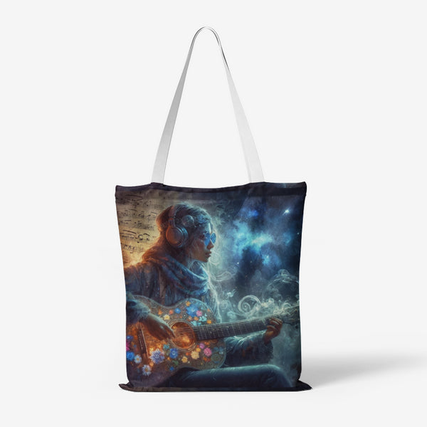 Natural Canvas Tote Bag with Hippie Girl and Guitar Design