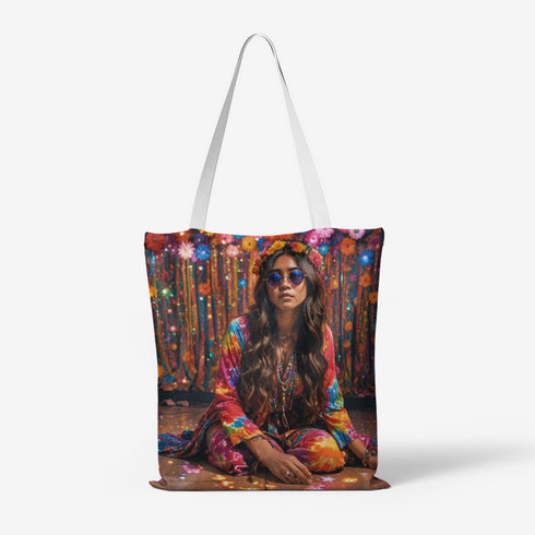 Natural Canvas Tote Bag with Colorful Hippie Girl Pattern