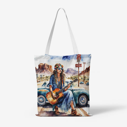 Natural Canvas Tote Bag with Hippie Girl and Guitar Pattern