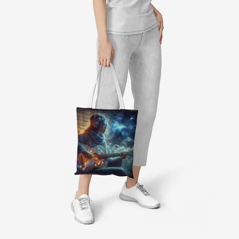 Natural Canvas Tote Bag with Hippie Girl and Guitar Design