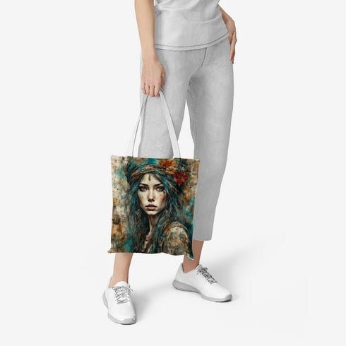 Natural Canvas Tote Bag with Hippie Girl Pattern