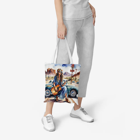 Natural Canvas Tote Bag with Hippie Girl and Guitar Pattern