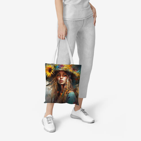 Natural Canvas Tote Bag with Printed Hippie Girl Design