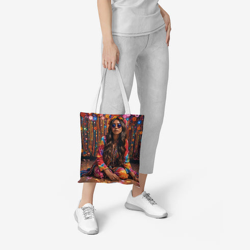 Natural Canvas Tote Bag with Colorful Hippie Girl Pattern